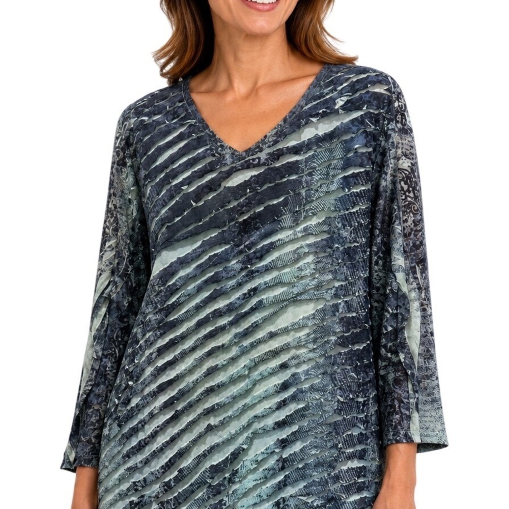 Jess & Jane Blue Mixed Print Shredded Texture V-Neck Tunic Top Womens 2X USA